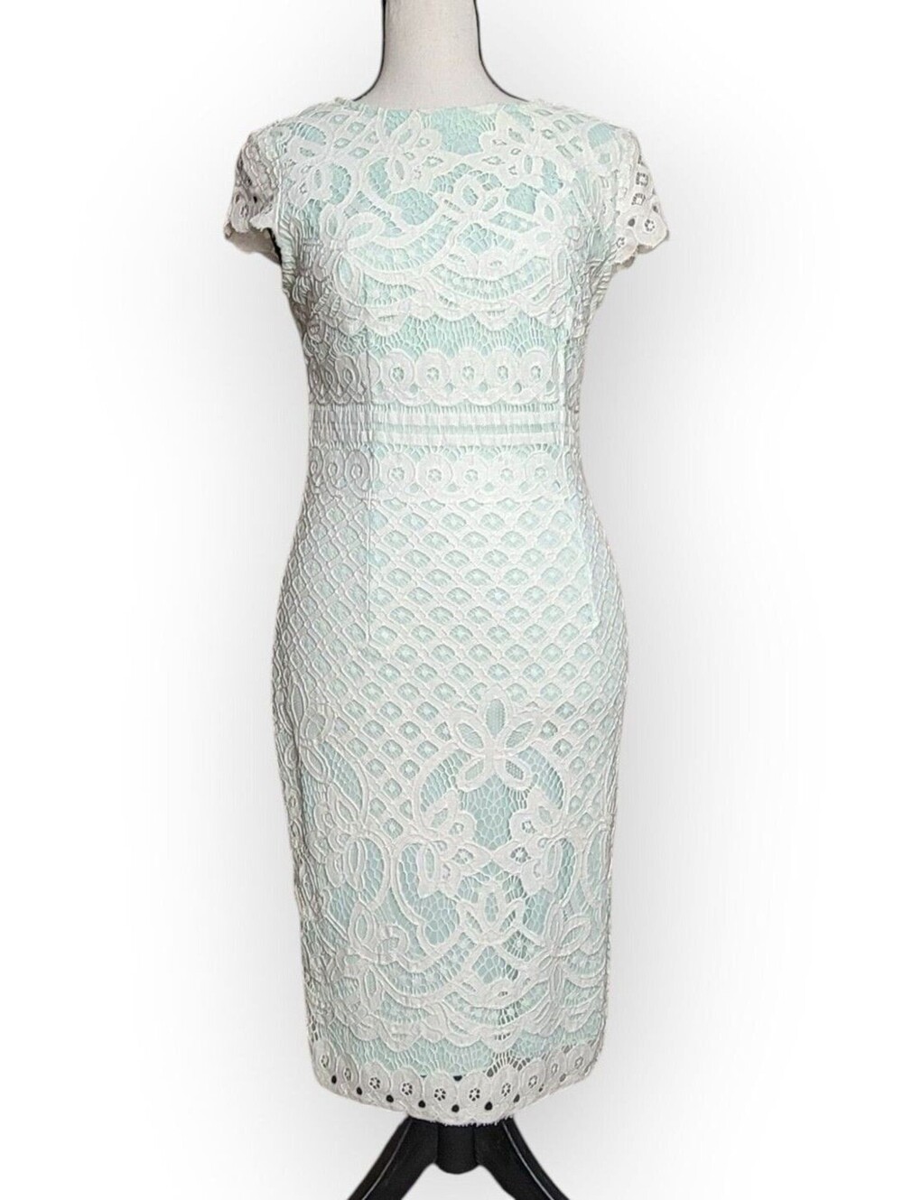 Bisou Bisou Dress Womens 6 White Lace Mint Lining Sheath Short Sleeve Cocktail
